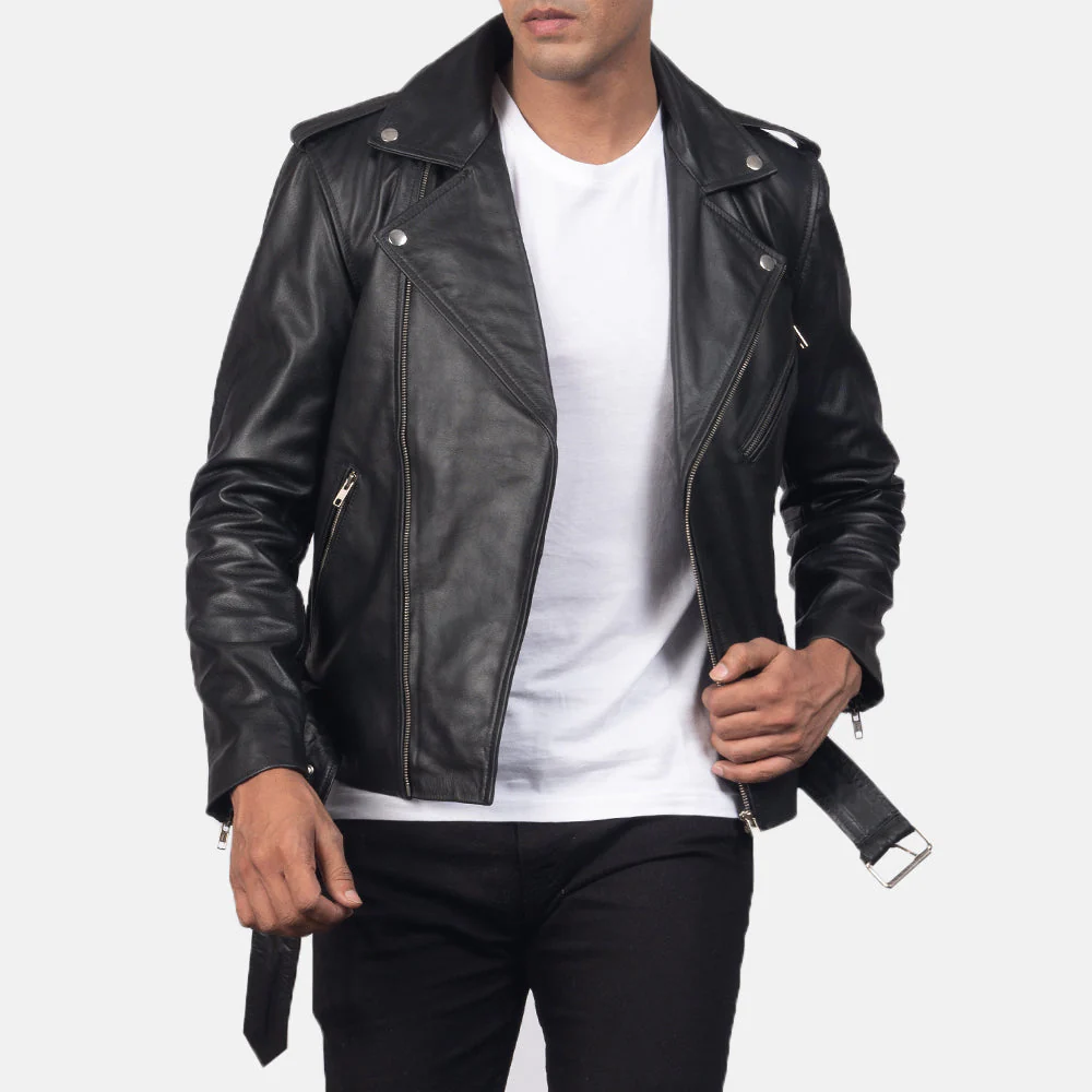 Black Cowhide Leather Biker Jacket – Front View with Belted Waist
