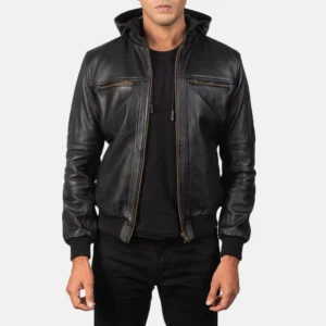 Bouncer Biz Black Cowhide Bomber Jacket – Detachable Hood & Band Collar