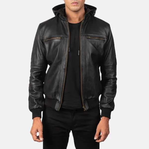 Bouncer Biz Black Cowhide Bomber Jacket – Detachable Hood & Band Collar