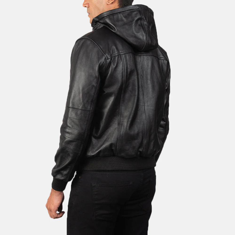 Bouncer Biz Black Cowhide Bomber Jacket – Detachable Hood & Band Collar