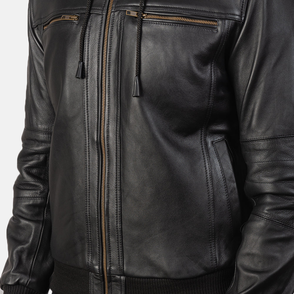 Bouncer Biz Black Cowhide Bomber Jacket – Detachable Hood & Band Collar