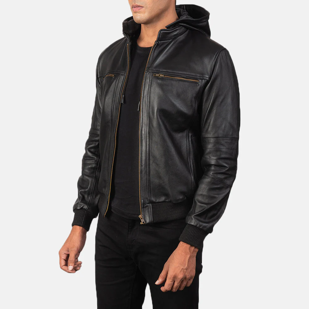Bouncer Biz Black Cowhide Bomber Jacket – Detachable Hood & Band Collar