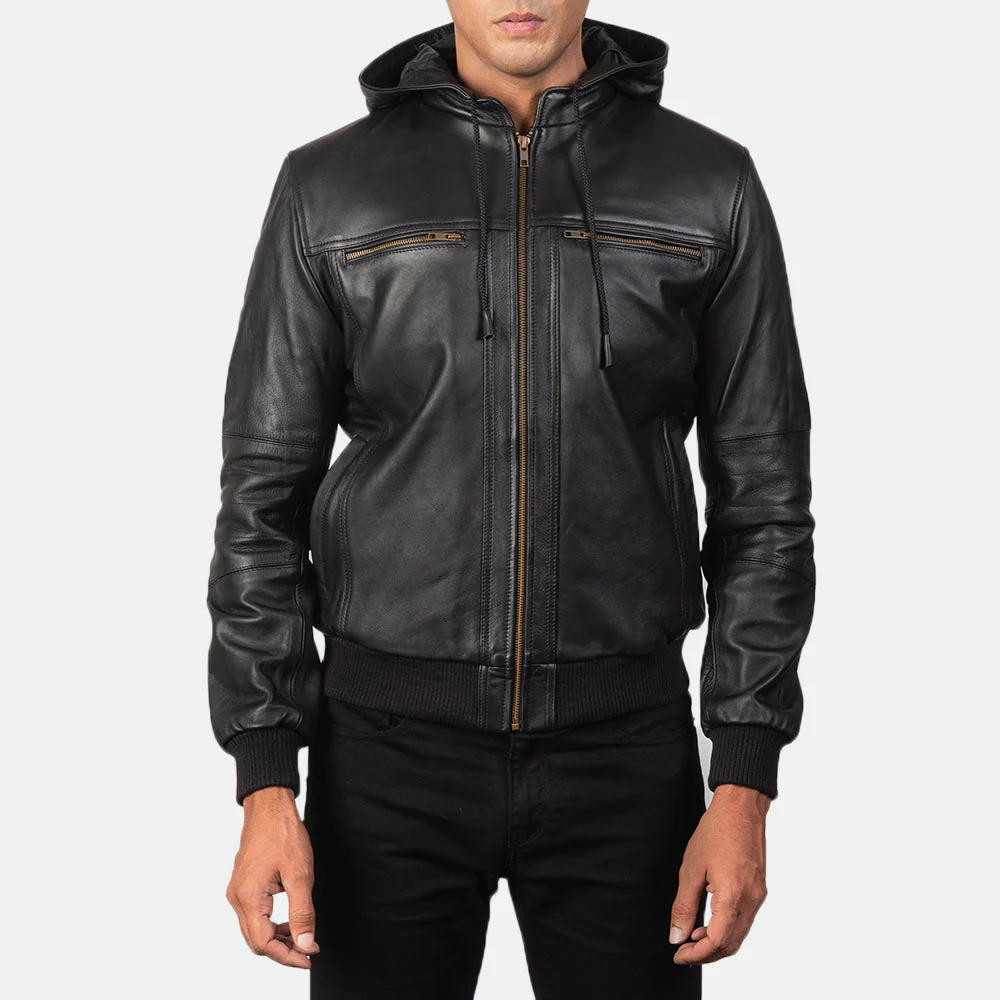 Bouncer Biz Black Cowhide Bomber Jacket – Detachable Hood & Band Collar