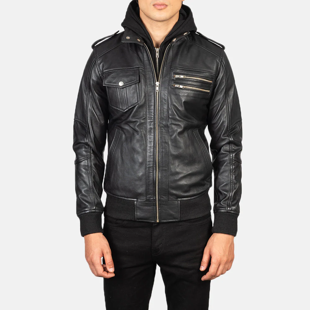 Bravado Hooded Leather Bomber - Front Profile Showing Pocket System