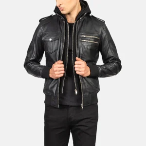 Bravado Hooded Leather Bomber - Front Profile Showing Pocket System