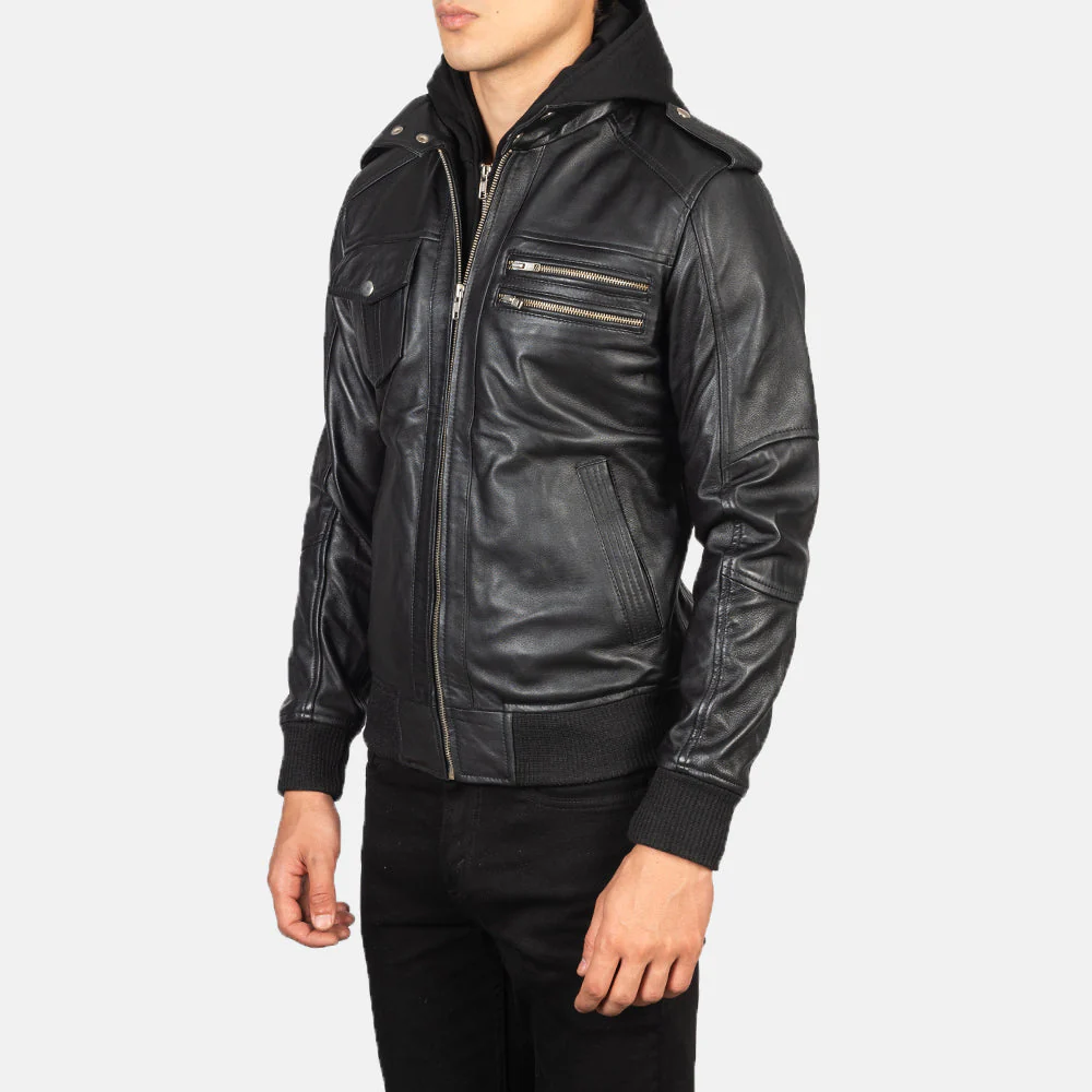 Bravado Hooded Leather Bomber - Front Profile Showing Pocket System