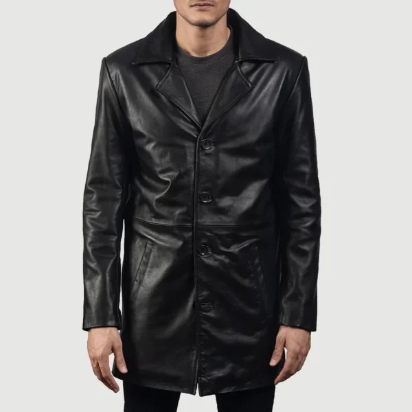 Urban Slate Black Cowhide Leather Coat with Notch Lapel
