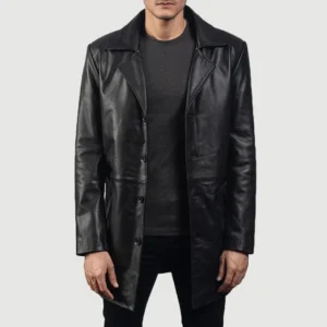 Urban Slate Black Cowhide Leather Coat with Notch Lapel