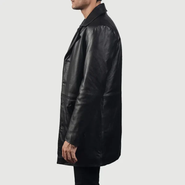 Urban Slate Black Cowhide Leather Coat with Notch Lapel