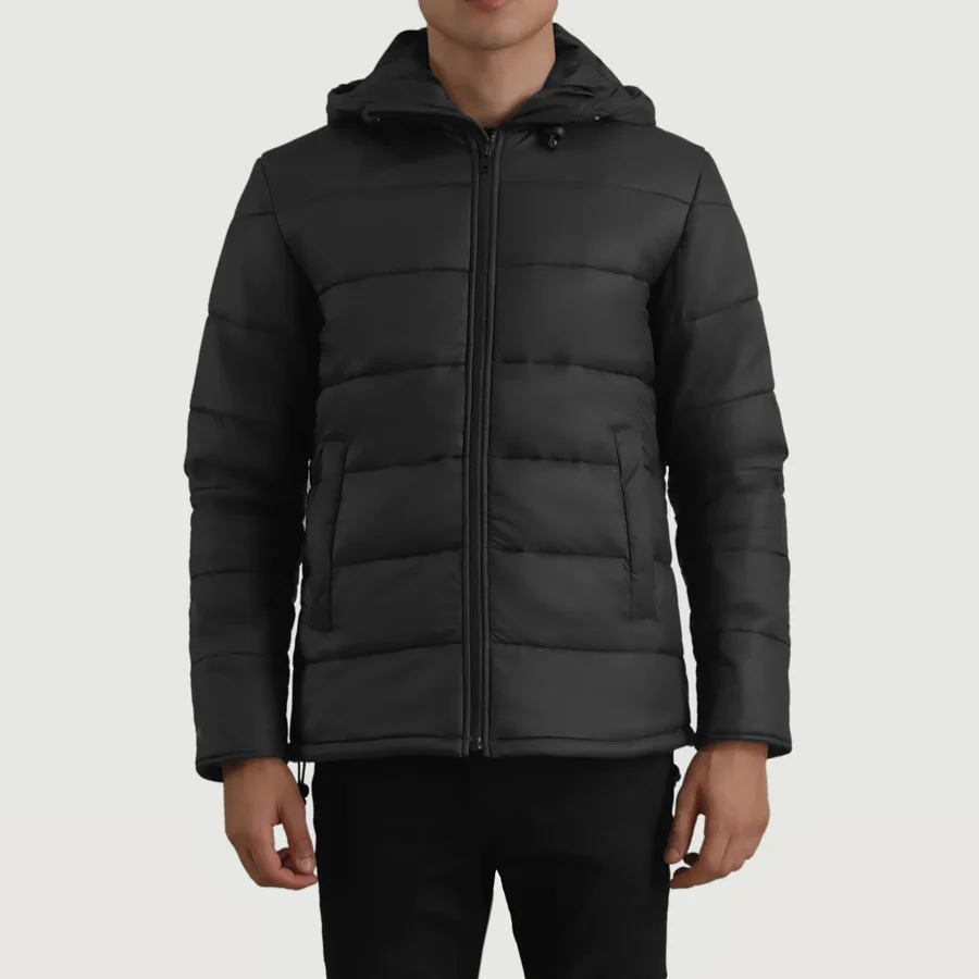 Erico Black Puffer Jacket – Front View Showing Adjustable Hood