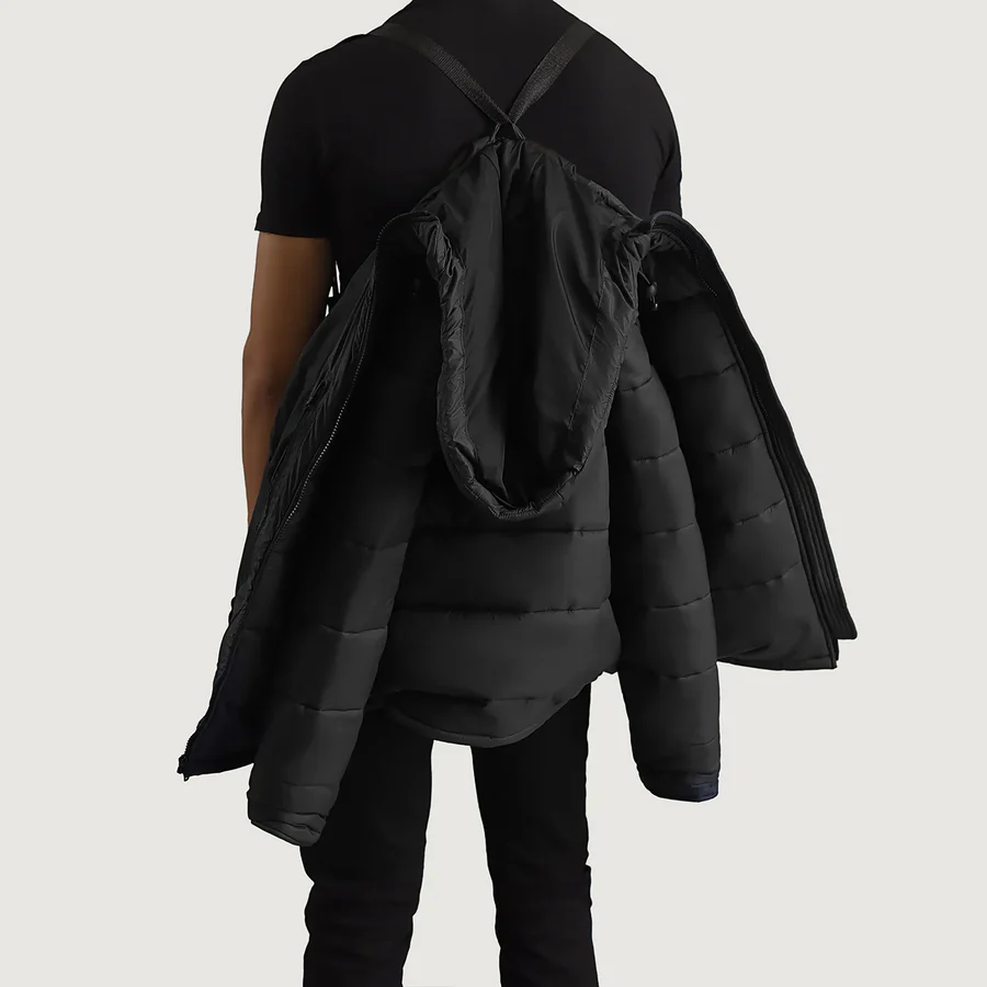 Erico Black Puffer Jacket – Front View Showing Adjustable Hood