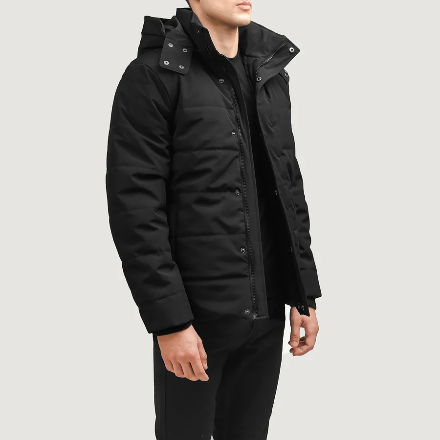 Black Down Puffer Jacket – Front View with Detachable Hood