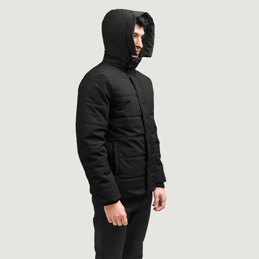 Black Down Puffer Jacket – Front View with Detachable Hood