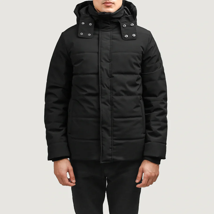 Black Down Puffer Jacket – Front View with Detachable Hood