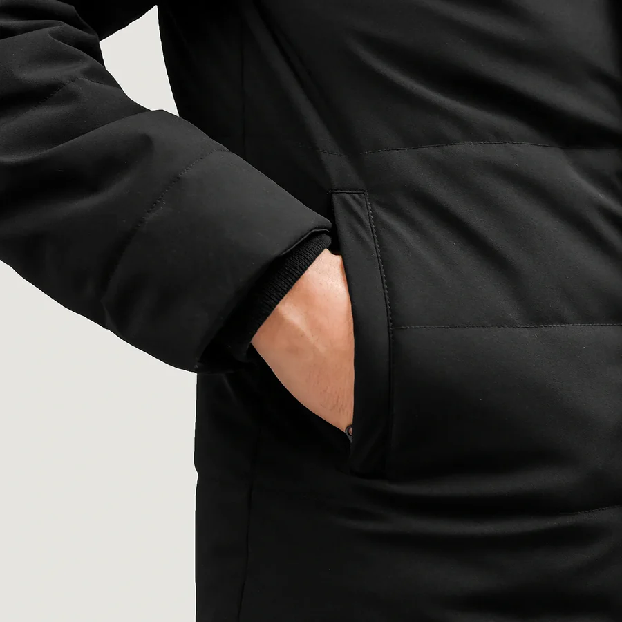 Black Down Puffer Jacket – Front View with Detachable Hood