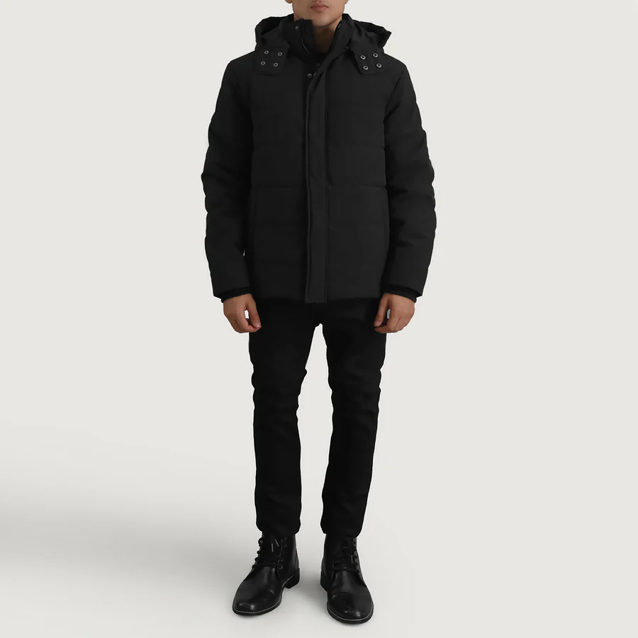Black Down Puffer Jacket – Front View with Detachable Hood