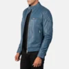Men’s Gatsby Blue Leather Biker Jacket – Front View with Band Collar