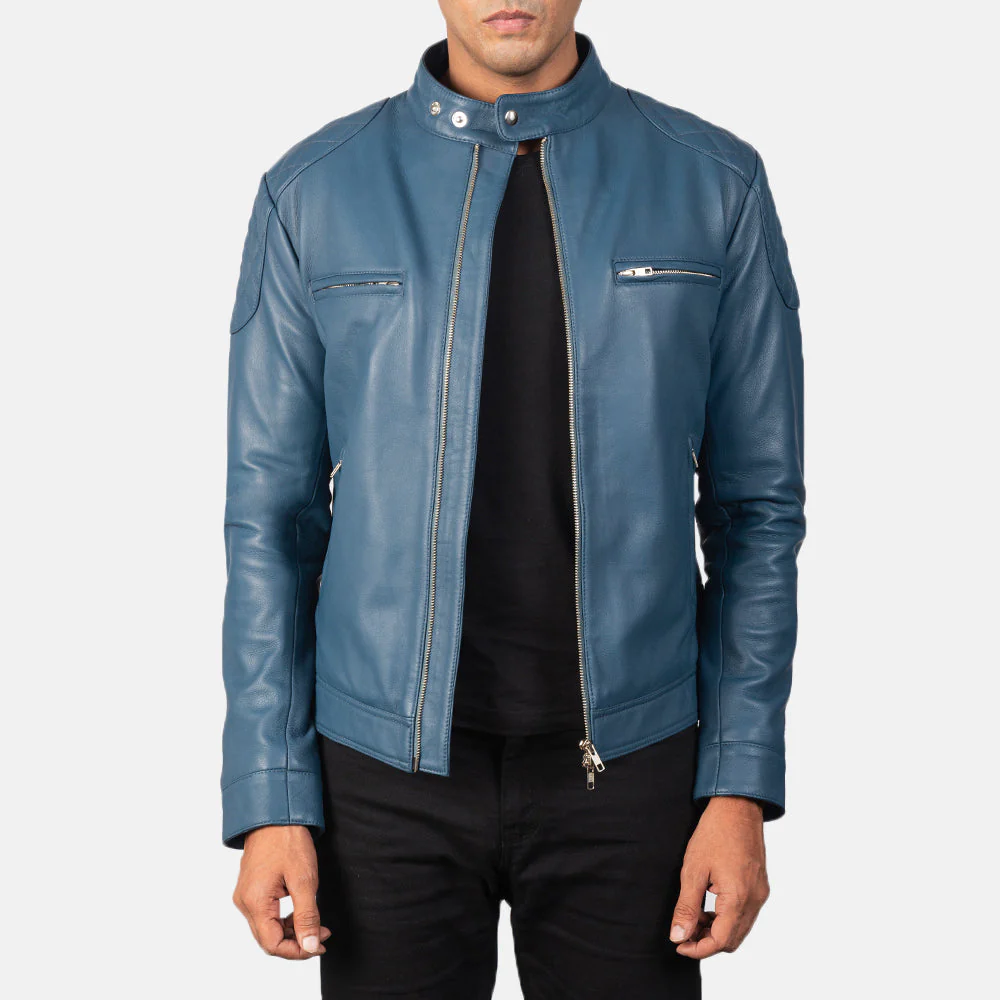Men’s Gatsby Blue Leather Biker Jacket – Front View with Band Collar