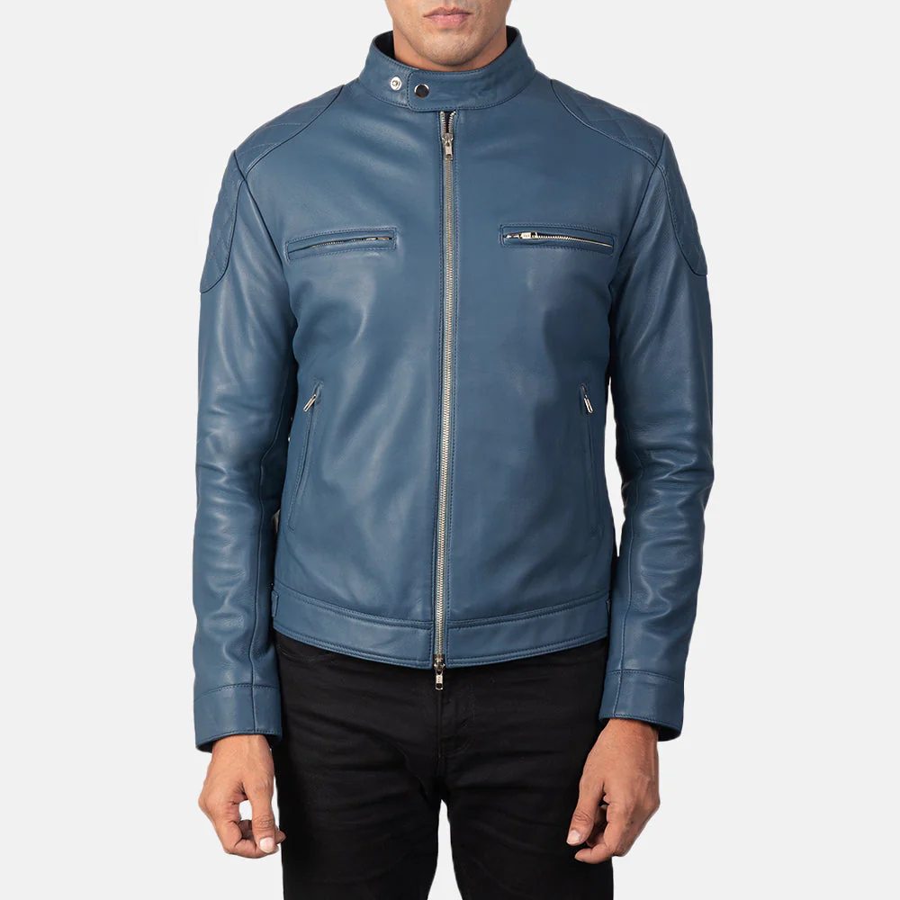 Men’s Gatsby Blue Leather Biker Jacket – Front View with Band Collar