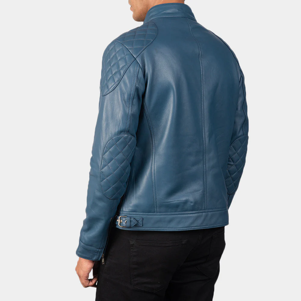 Men’s Gatsby Blue Leather Biker Jacket – Back View with Band Collar