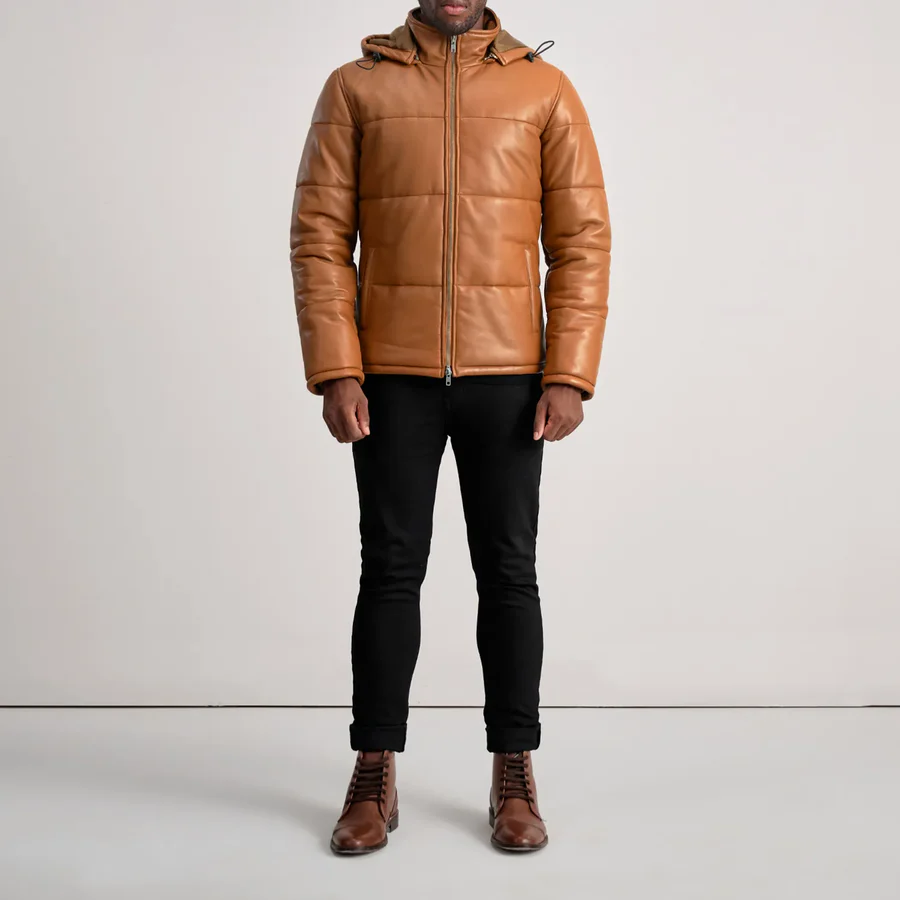 Hero shot of premium jacket showcasing leather texture in natural light