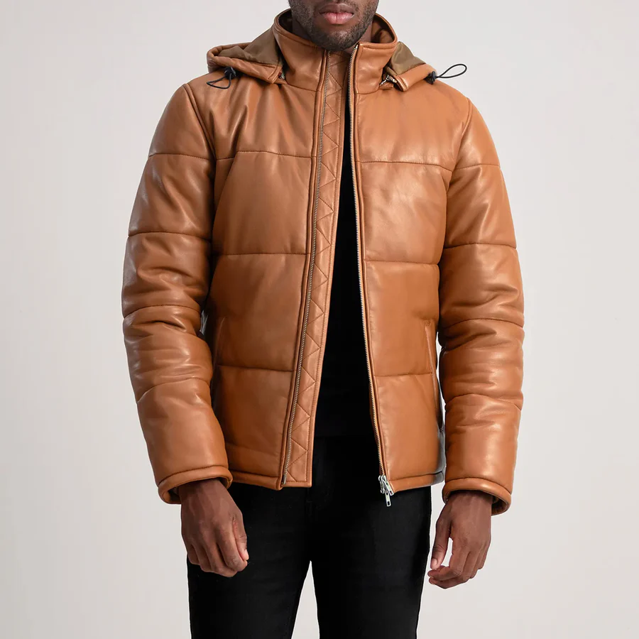 Hero shot of premium jacket showcasing leather texture in natural light