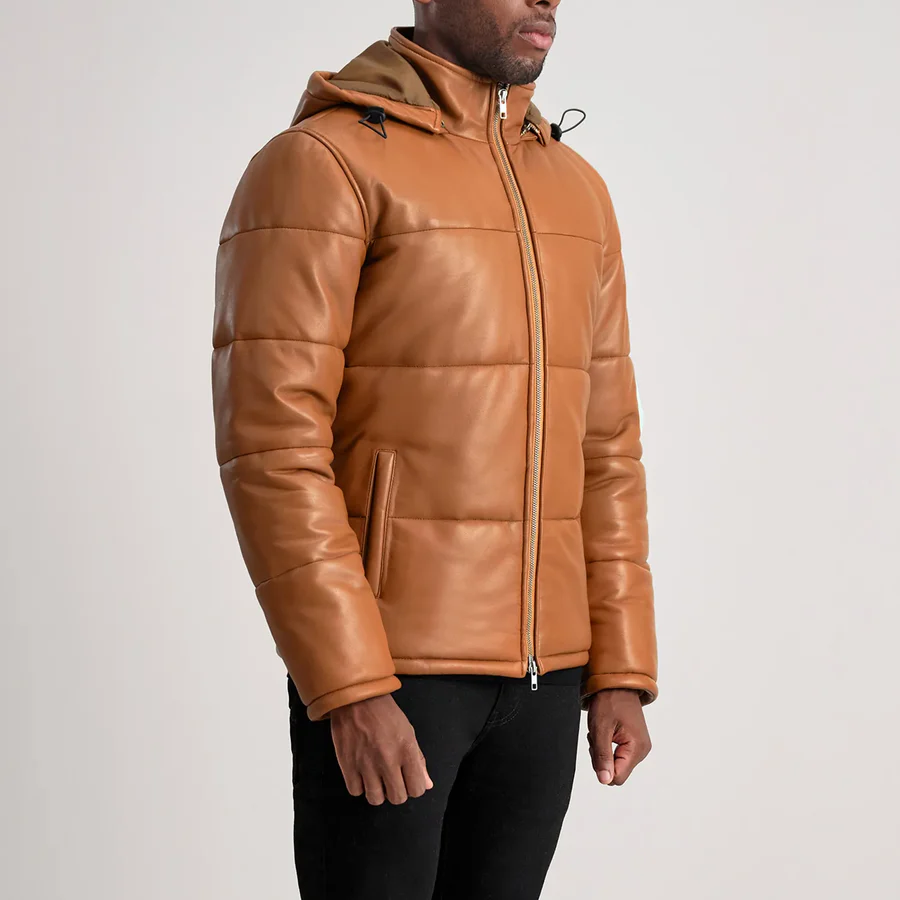 Hero shot of premium jacket showcasing leather texture in natural light