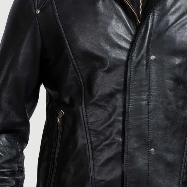 Highschool Black Cowhide Leather Jacket – Detachable Hood & Zipper Cuffs