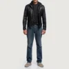 Highschool Black Cowhide Leather Jacket – Detachable Hood & Zipper Cuffs