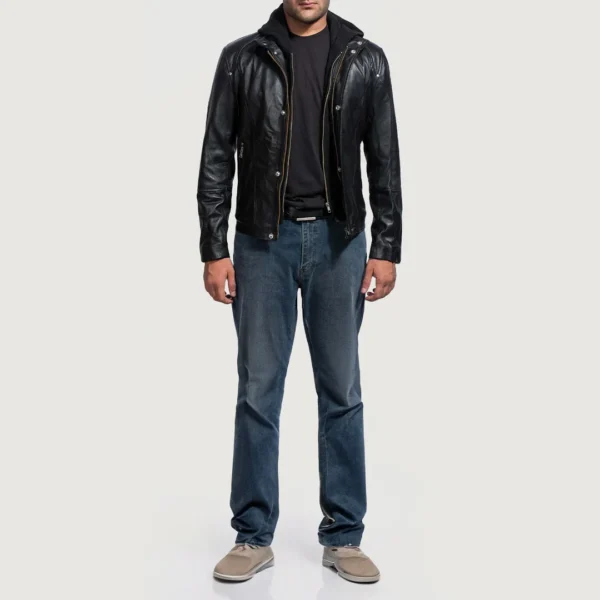 Highschool Black Cowhide Leather Jacket – Detachable Hood & Zipper Cuffs