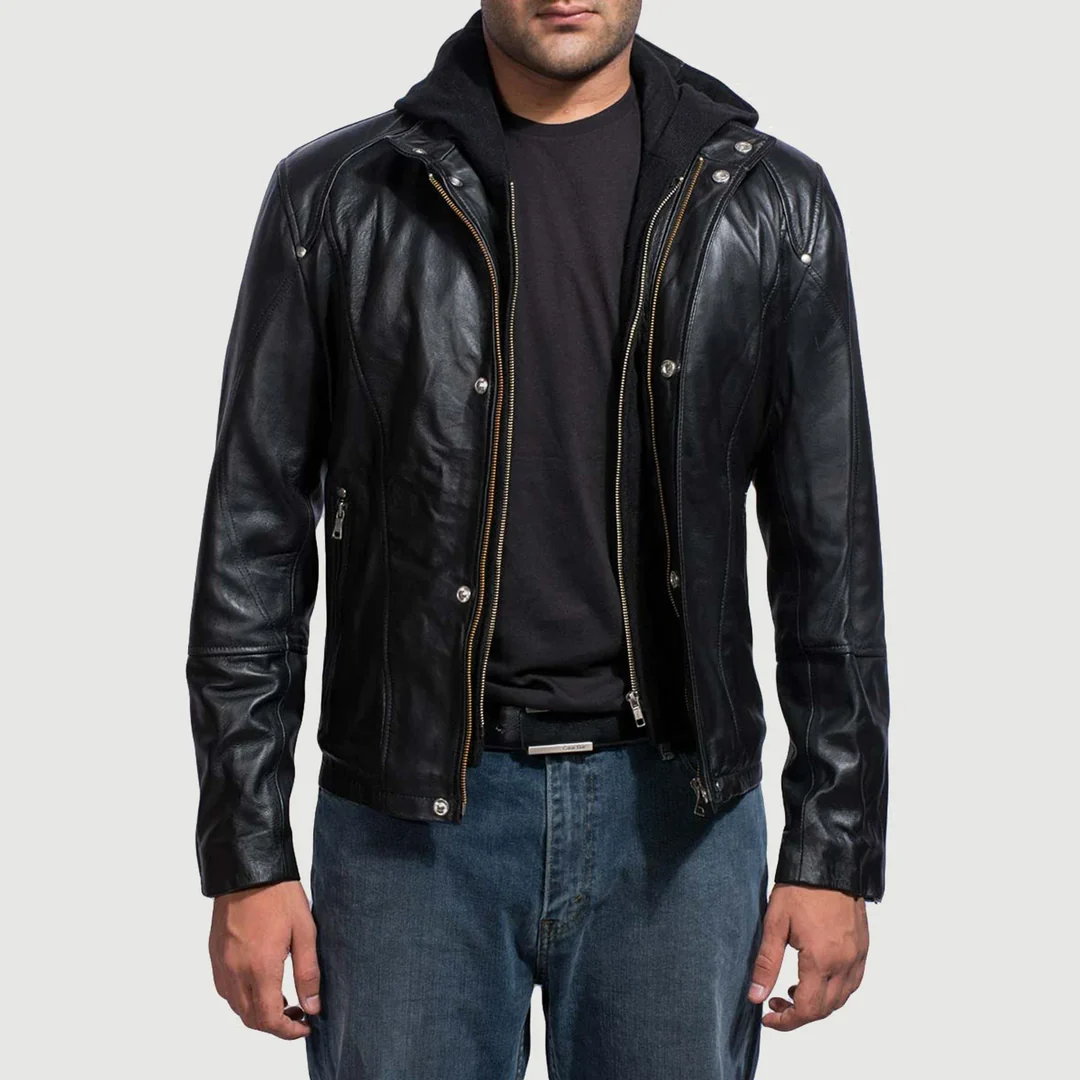Highschool Black Cowhide Leather Jacket – Detachable Hood & Zipper Cuffs