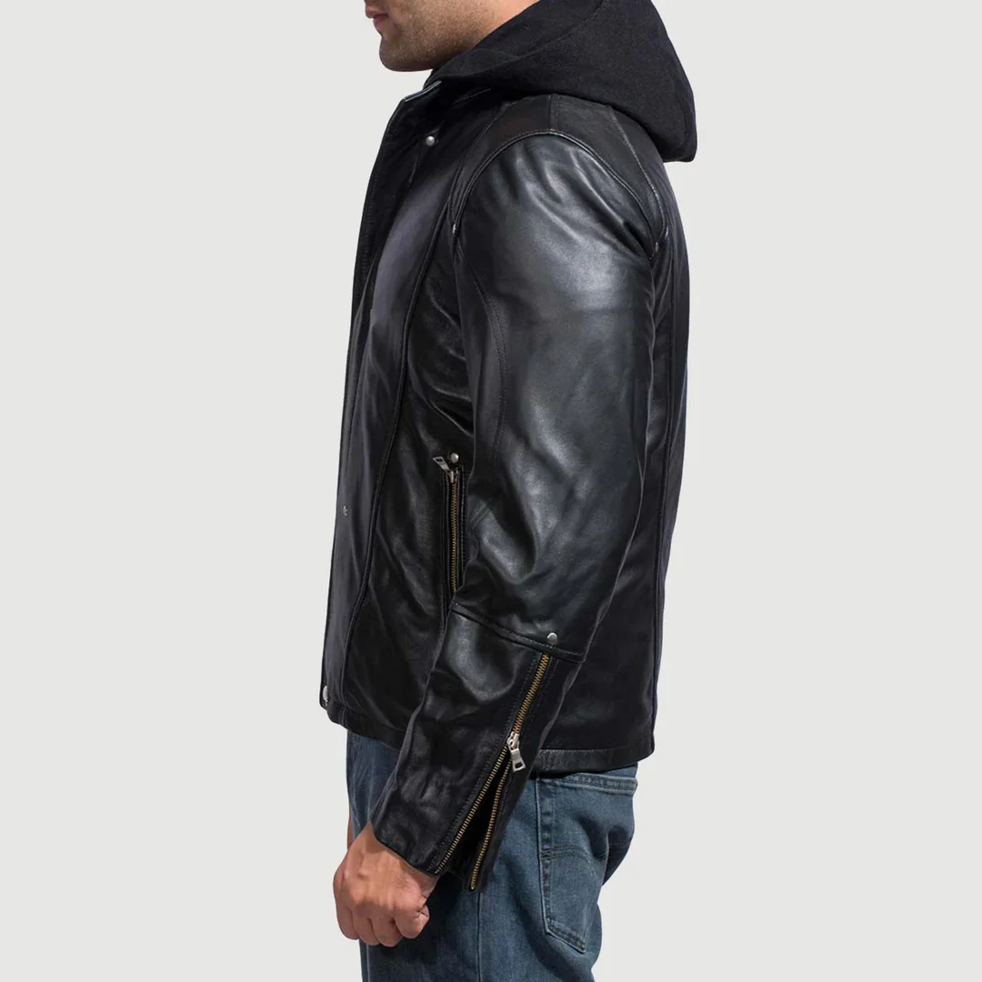 Highschool Black Cowhide Leather Jacket – Detachable Hood & Zipper Cuffs