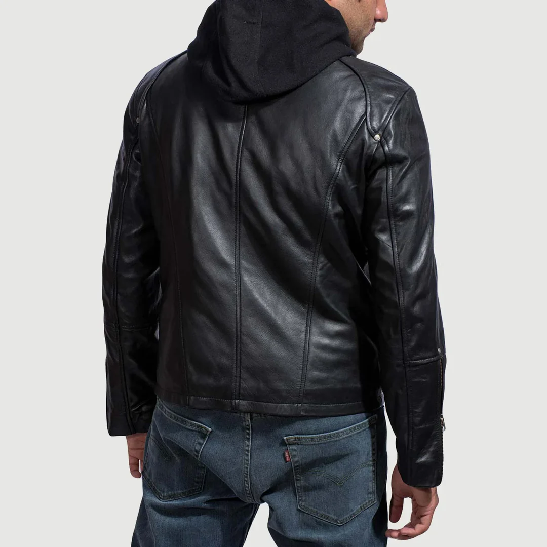 Highschool Black Cowhide Leather Jacket – Detachable Hood & Zipper Cuffs