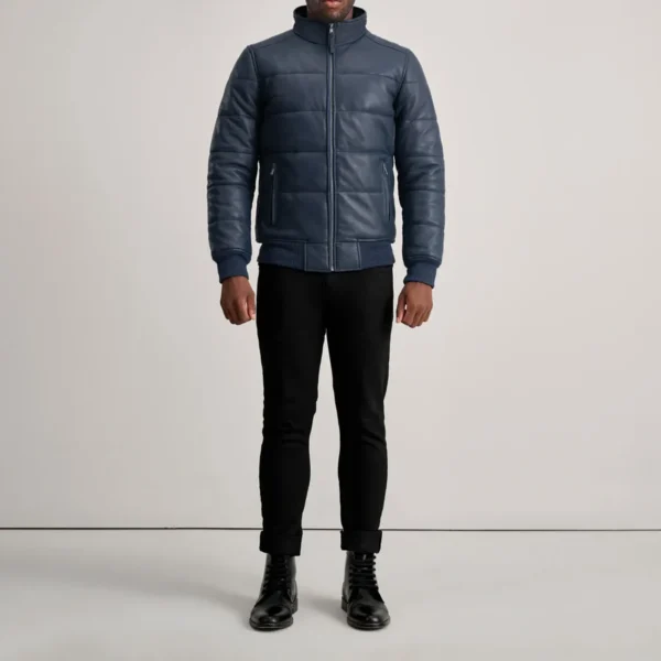 Hero shot of jacket showcasing the rich blue hue in daylight