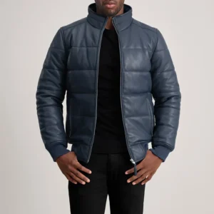 Hero shot of jacket showcasing the rich blue hue in daylight