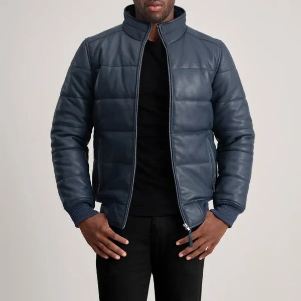 Hero shot of jacket showcasing the rich blue hue in daylight