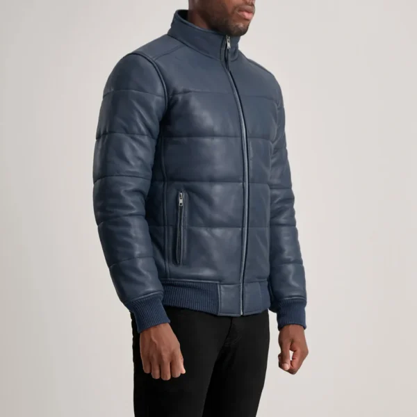 Hero shot of jacket showcasing the rich blue hue in daylight