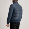 Hero shot of jacket showcasing the rich blue hue in daylight