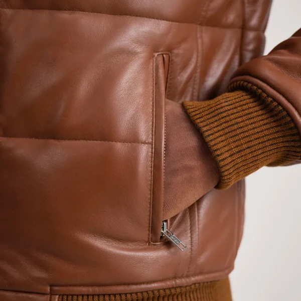 Detail close-up of semi-aniline grain structure jacket