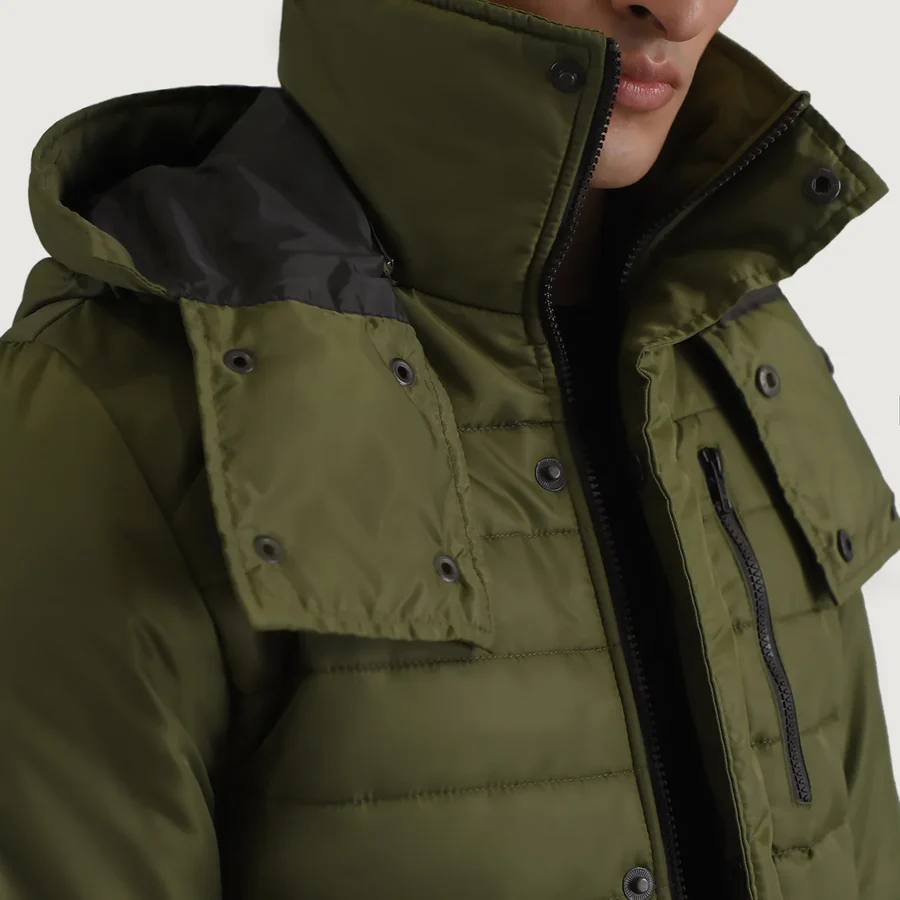 Malcolm Green Puffer Jacket – Front View Showing Removable Hood