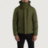 Malcolm Green Puffer Jacket – Front View Showing Removable Hood