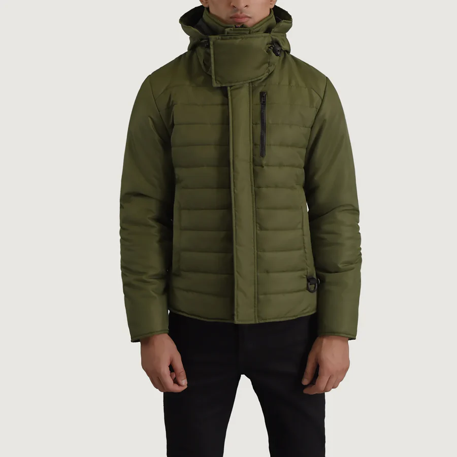 Malcolm Green Puffer Jacket – Front View Showing Removable Hood