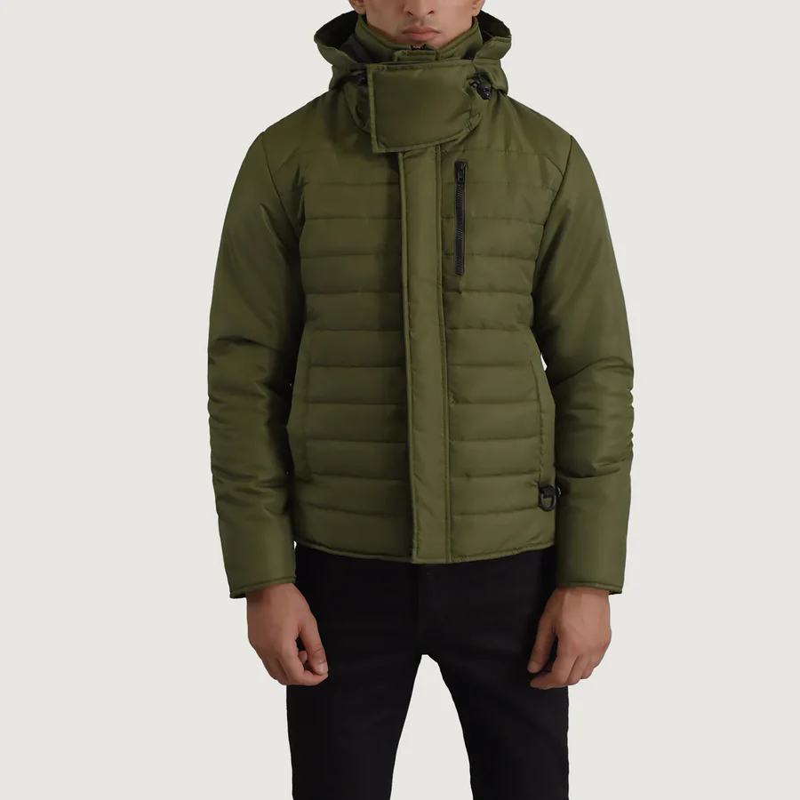 Malcolm Green Puffer Jacket – Front View Showing Removable Hood