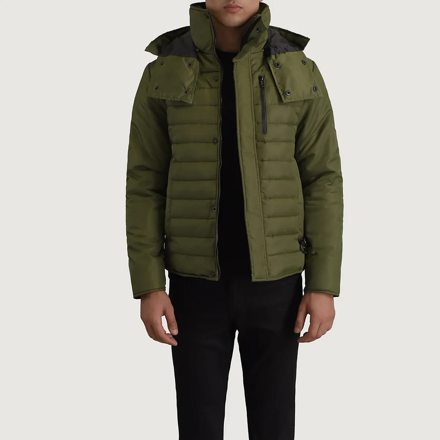 Malcolm Green Puffer Jacket – Front View Showing Removable Hood