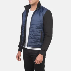 Hero shot of jacket showcasing colorblocking in urban environment
