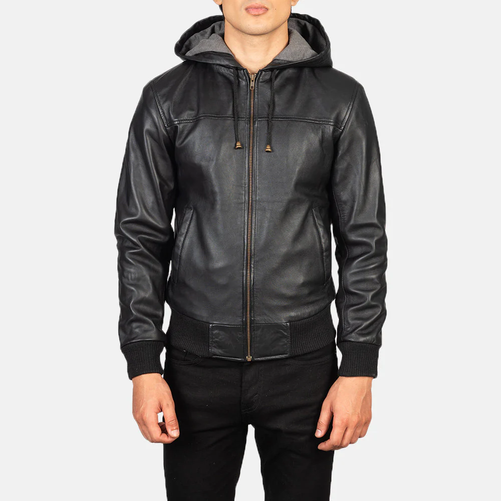 Nintenzo Black Sheepskin Bomber Jacket with Detachable Hood