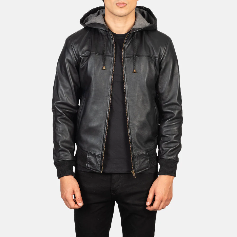 Nintenzo Black Sheepskin Bomber Jacket with Detachable Hood