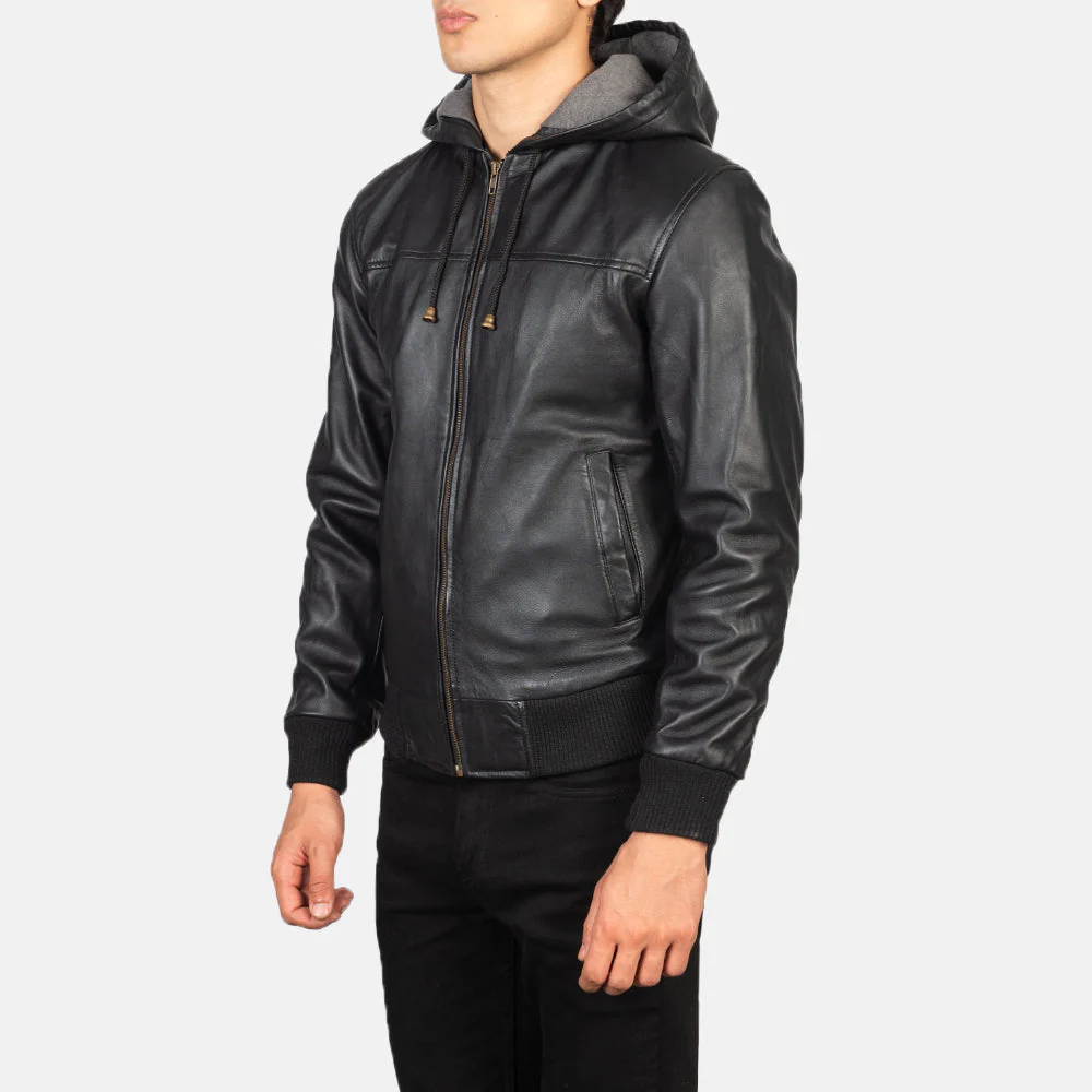 Nintenzo Black Sheepskin Bomber Jacket with Detachable Hood