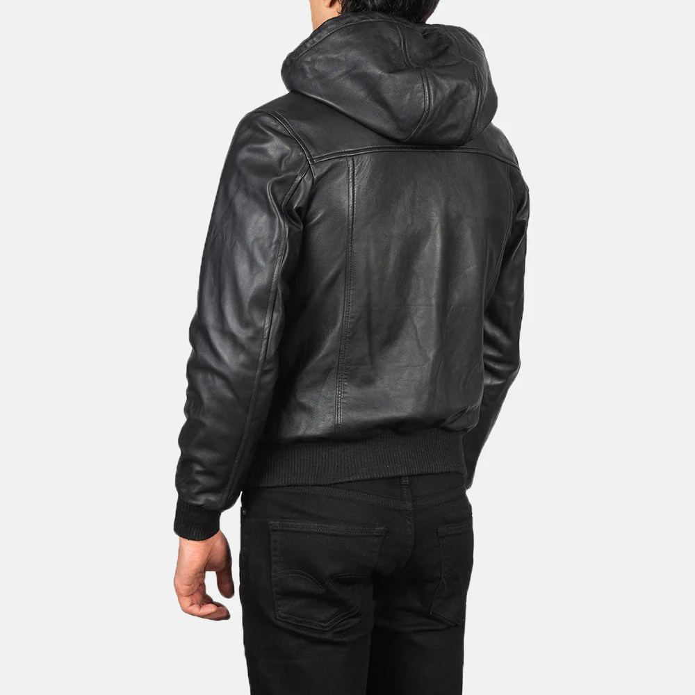 Nintenzo Black Sheepskin Bomber Jacket with Detachable Hood
