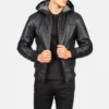Nintenzo Black Sheepskin Bomber Jacket with Detachable Hood